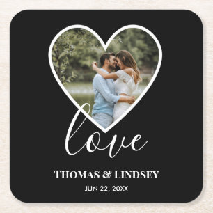 Wedding Photo Black Heart Frame Modern Calligraphy Square Paper Coaster