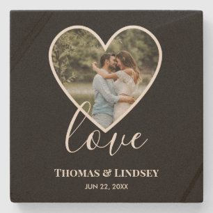 Wedding Photo Black Heart Frame Modern Calligraphy Stone Coaster