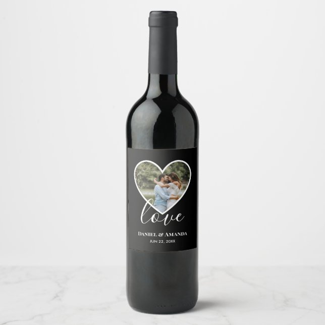 Wedding Photo Black Heart Frame Modern Calligraphy Wine Label (Front)
