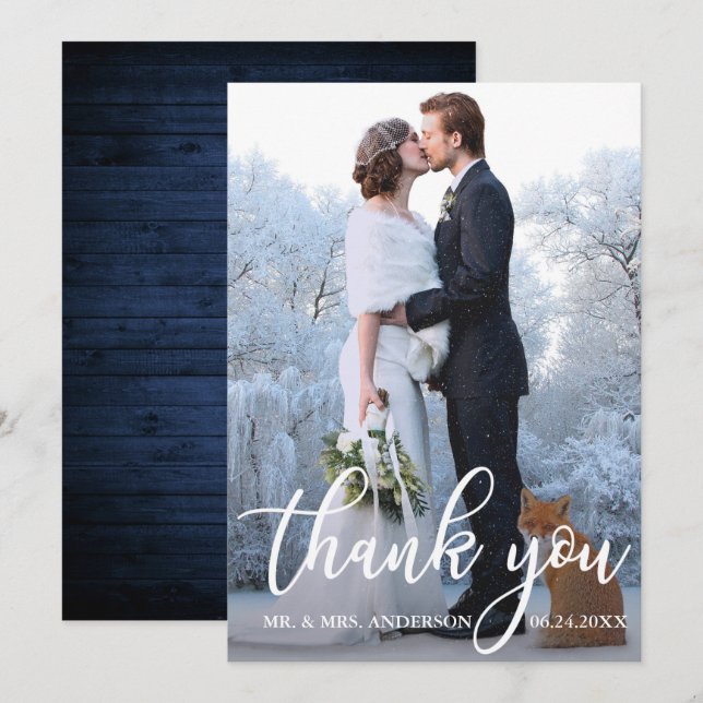 Wedding Photo Blue Wood Thank You Card (Front/Back)
