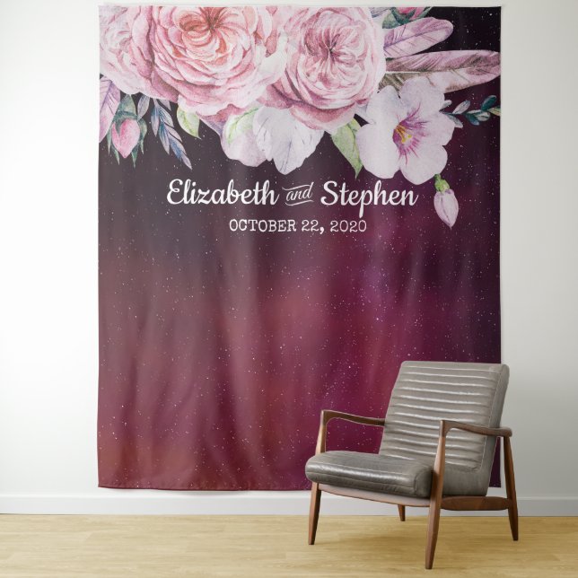 Wedding Photo Booth Backdrop Boho Floral Burgundy Tapestry (In Situ)