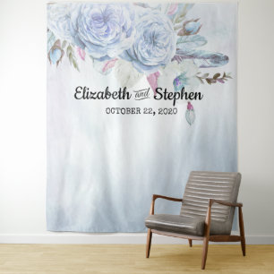 Wedding Photo Booth Backdrop Boho Floral Feathers Tapestry