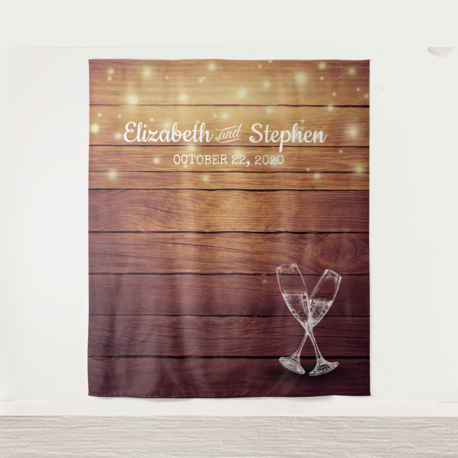 Wedding Photo Booth Backdrop Champagne Glass Wood Tapestry (Front)