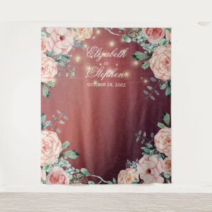 Wedding Photo Booth Backdrop Floral String Lights Tapestry