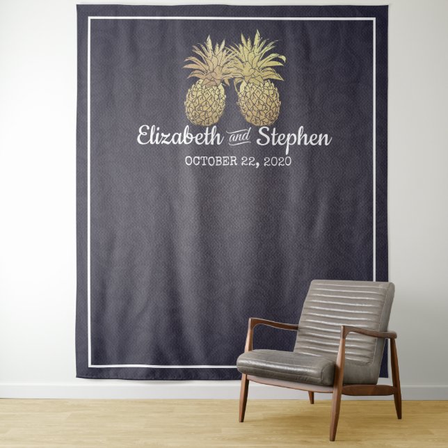 Wedding Photo Booth Backdrop Gold Pineapple Couple Tapestry (In Situ)