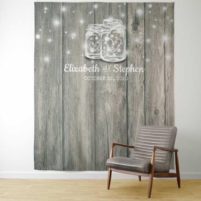Wedding Photo Booth Backdrop Wood Mason Jar Lights Tapestry (In Situ)
