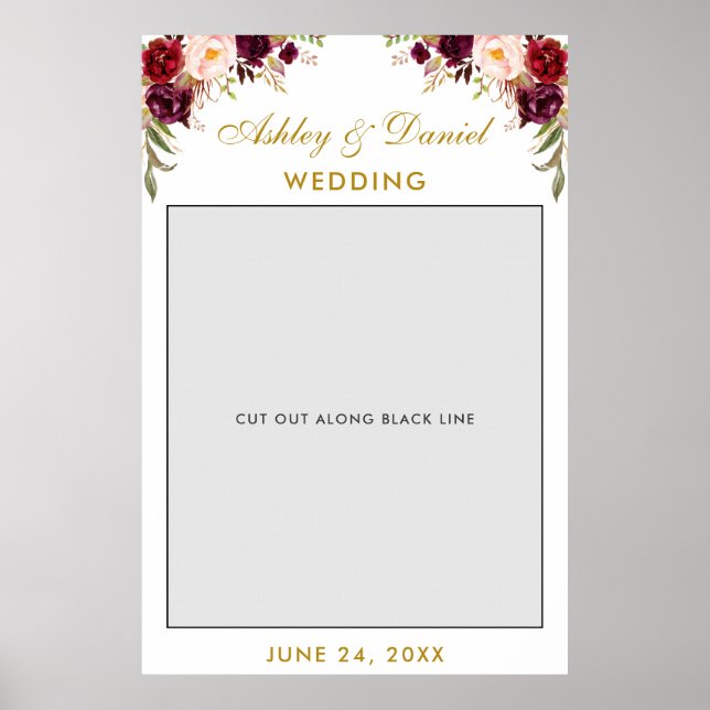 Wedding Photo Booth Prop | Burgundy Gold Poster (Front)