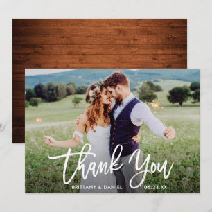Wedding Photo Brush Script Wood Thank You Card