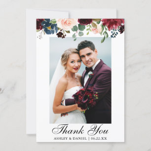 Wedding Photo Burgundy Blue Watercolor Floral Thank You Card
