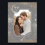 Wedding Photo Celestial Light Grey Stars Moon Poster<br><div class="desc">A celestial-themed wedding photo print featuring a grey and gold design with a crescent moon, shooting stars, night sky clouds, and constellations. This personalized keepsake, complete with your initials and your favourite photo, is perfect for hanging in your bedroom. It also makes a beautiful engagement photo poster.</div>