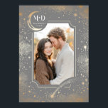 Wedding Photo Celestial Light Grey Stars Moon Poster<br><div class="desc">A celestial-themed wedding photo print featuring a grey and gold design with a crescent moon,  shooting stars,  night sky clouds,  and constellations. This personalized keepsake,  complete with your initials and your favourite photo,  is perfect for hanging in your bedroom. It also makes a beautiful engagement photo poster.</div>