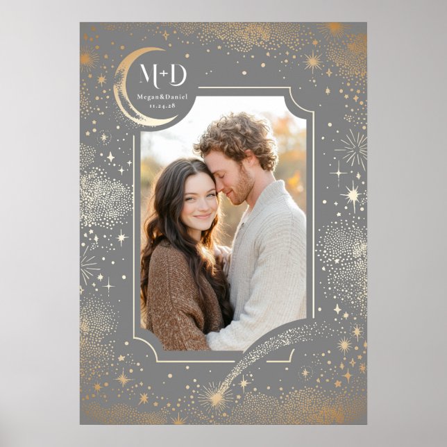 Wedding Photo Celestial Light Grey Stars Moon Poster (Front)