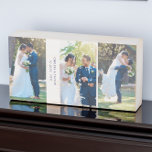 Wedding Photo Collage - 3 Photos and Custom Text Wooden Box Sign<br><div class="desc">Wedding photo wood block with 3 wedding pictures and your custom text, such as name of the new Mr and Mrs and their wedding date. The template is set up ready for you to add up to 3 photos, displayed as 3x vertical portrait format. The design is in dark blue...</div>