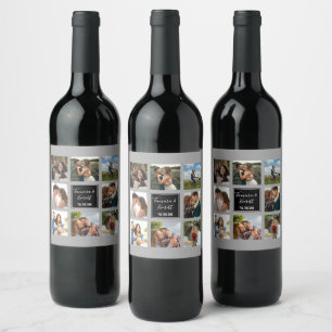 Wedding photo collage black and grey wine label