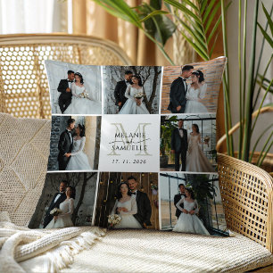 Wedding Photo Collage Bride and Groom Monogram  Throw Pillow