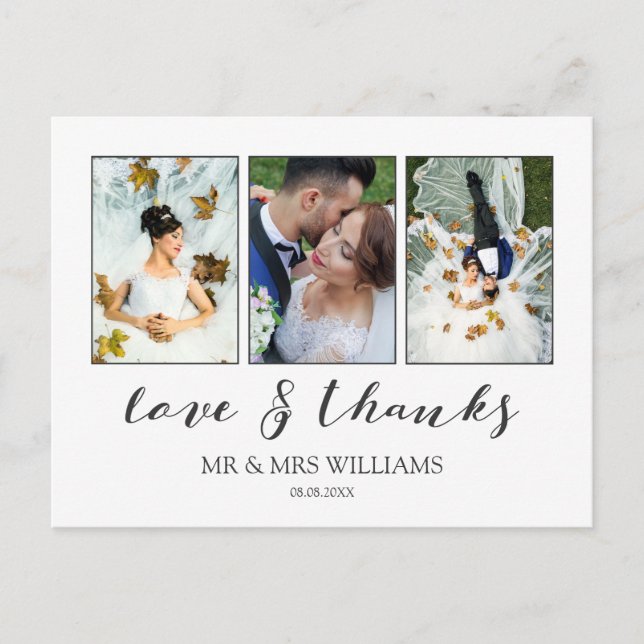 Wedding Photo Collage | Calligraphy Love & Thanks Postcard (Front)