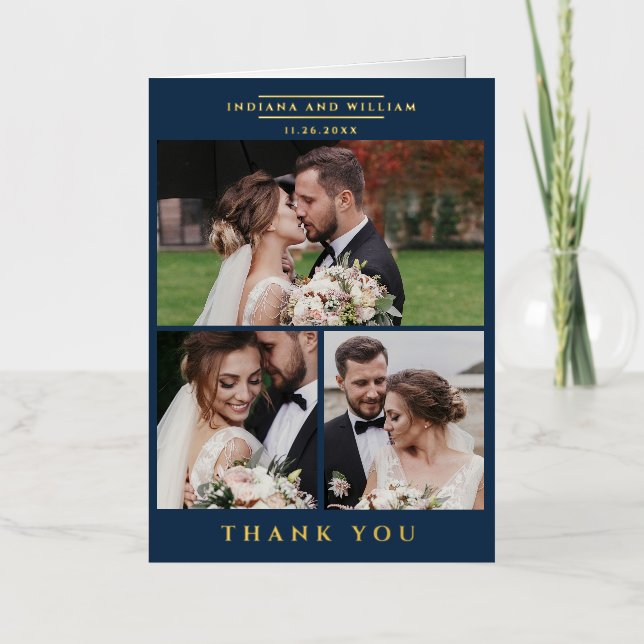 Wedding Photo Collage Modern Thank You Gold Foil Greeting Card (Front)