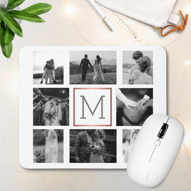 Wedding Photo Collage Monogram Black & White Mouse Pad (Creator Uploaded)
