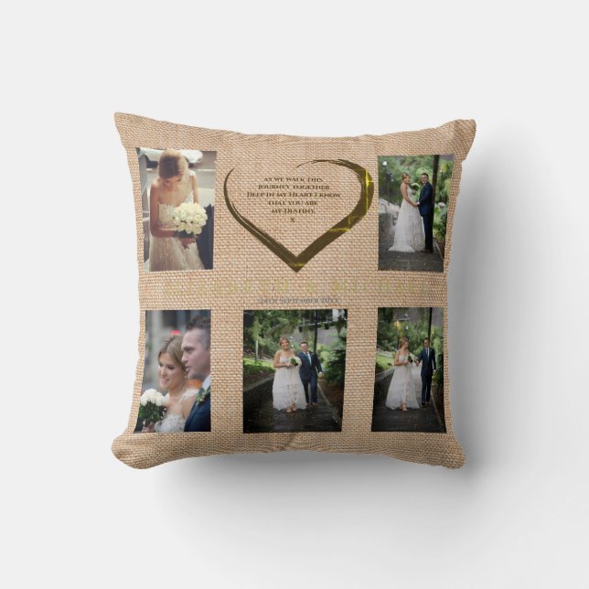 Wedding Photo Collage Rustic Hessian Heart Quote   Throw Pillow (Front)