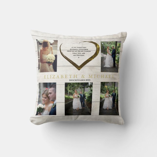 Wedding Photo Collage Rustic Simple Heart Quote Throw Pillow (Front)