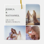 Wedding Photo Collage | White Christmas Ceramic Ornament<br><div class="desc">This keepsake ornament makes for a special favor for your wedding guests. Design features three photos over a white background on the front and one full bleed photo on the back. Use the template to add your names, wedding date and venue. This Christmas ornament also makes a great gift to...</div>