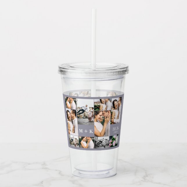 Wedding Photo Collage with Monogram and Date Acrylic Tumbler (Front)