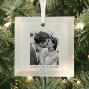 Wedding Photo Couple Names Date First Christmas Glass Ornament