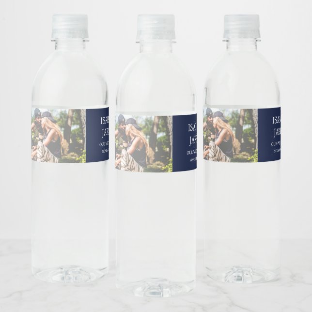 Wedding Photo Custom Navy Blue Wedding Water Bottle Label (Bottles)