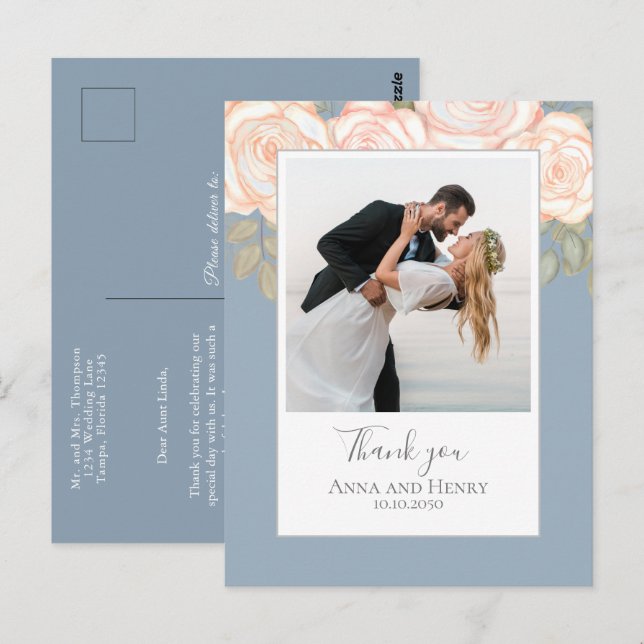 Wedding Photo Elegant Dusty Blue Thank You Postcard (Front/Back)