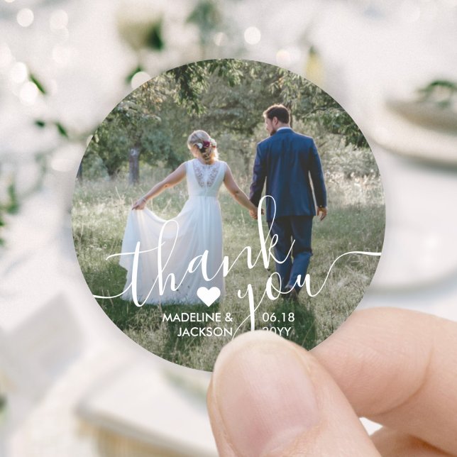 Wedding Photo & Elegant White Script Thank You Classic Round Sticker (Creator Uploaded)