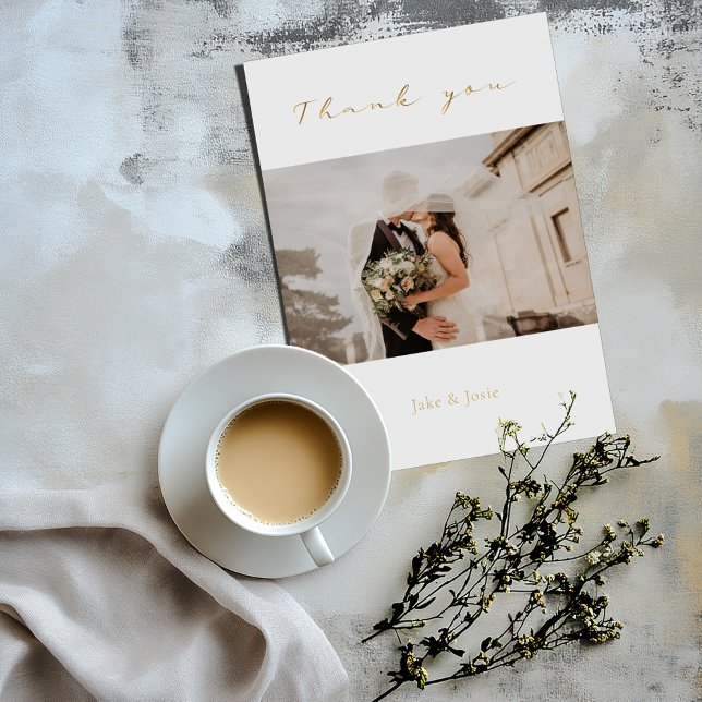 Wedding photo, gold script, modern wedding thank you card (Wedding "Thank you" card with gold script and wedding photo in the centre of 2 thick white borders)