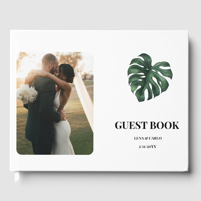 Wedding Photo Green Leaf Monstera Wedding Guest Book (Front)