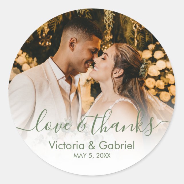 Wedding Photo Green White Script Photo Thank You Classic Round Sticker (Front)