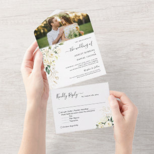 Wedding Photo Greenery Ivory White Gold Floral All In One Invitation