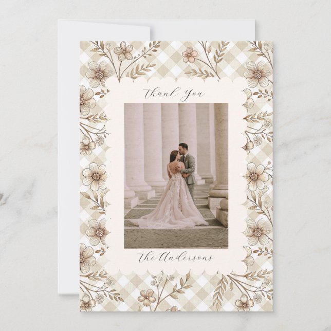Wedding Photo Guest Appreciation Gingham Floral Thank You Card (Front)
