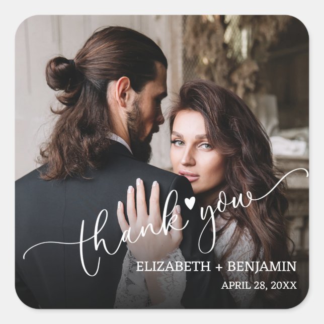 Wedding Photo Hand-Lettered Thank You Square Sticker (Front)