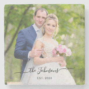 Wedding Photo Heart Swash Signature Stone Coaster