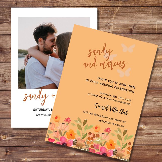 Wedding Photo Invitation Pink Peach Garden Blooms (Creator Uploaded)
