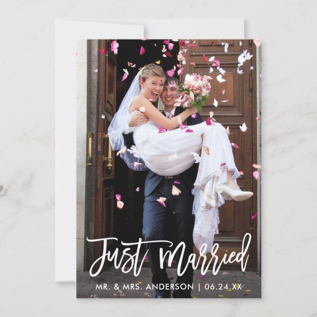 Wedding Photo Just Married Modern Brush Script Announcement (Front)