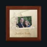 Wedding Photo Keepsake Box<br><div class="desc">Elegant wooden box, with graphic tile lid. Lovely graphics of a tan coloured damask, with a rectangular photo area, decorated with swirls. Custom text, at the bottom, is ready to personalize to read anything you want. Add your own wedding photograph and text to make this a special keepsake from your...</div>