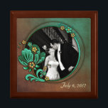 Wedding Photo Keepsake Box<br><div class="desc">Elegant wooden box, with graphic tile lid. Lovely graphics of a mottled brown and green background, with a circular photo area, decorated with flowers. Custom text, at the bottom, is ready to personalize to read anything you want. Add your own wedding photograph and text to make this a special keepsake...</div>