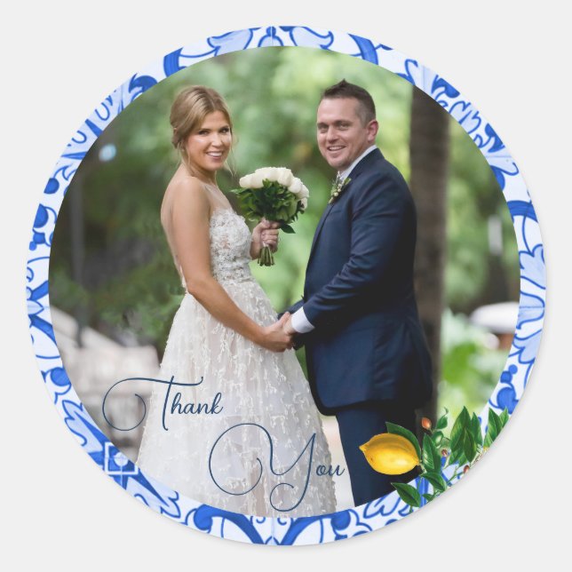  Wedding Photo Lemon Blue Tile Thank You  Classic Round Sticker (Front)