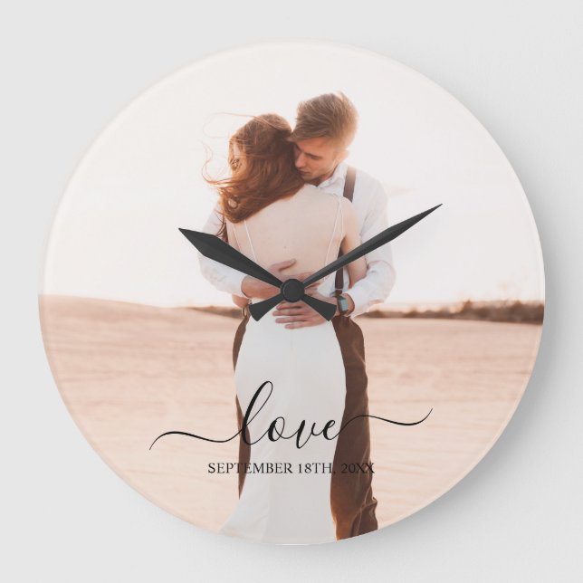 Wedding Photo Memory Love Script Anniversary Large Clock (Front)