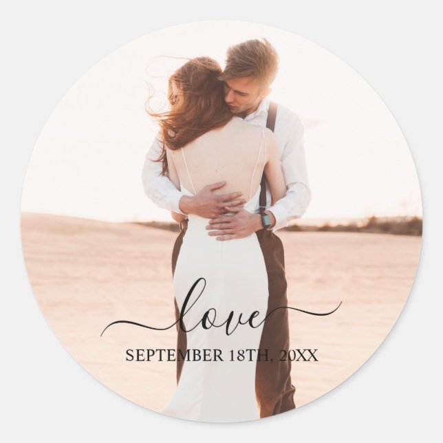 Wedding Photo Memory Love Script Wedding Classic Round Sticker (Front)