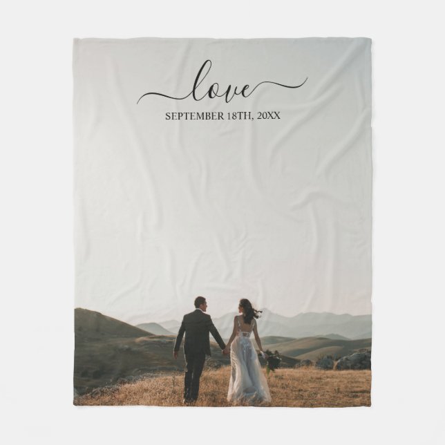 Wedding Photo Memory Love Script Wedding Fleece Blanket (Front)