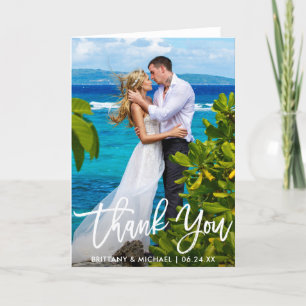 Wedding Photo Modern Brush Script Fold Thank You Card