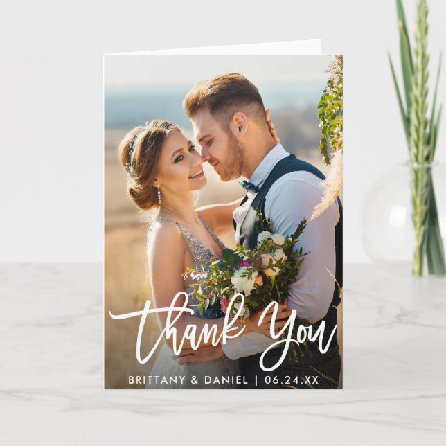 Wedding Photo Modern Brush Script Fold Thank You W Card (Front)