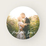 Wedding Photo Modern Whimsical Script Classic Round Sticker<br><div class="desc">Wedding photo featuring modern white whimsical script.</div>