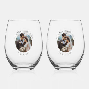 Wedding Photo Mr. and Mrs. Personalized Elegant Stemless Wine Glass