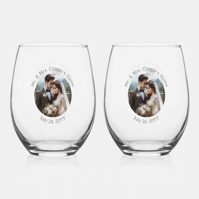 Wedding Photo Mr. and Mrs. Personalized Elegant Stemless Wine Glass (Front)